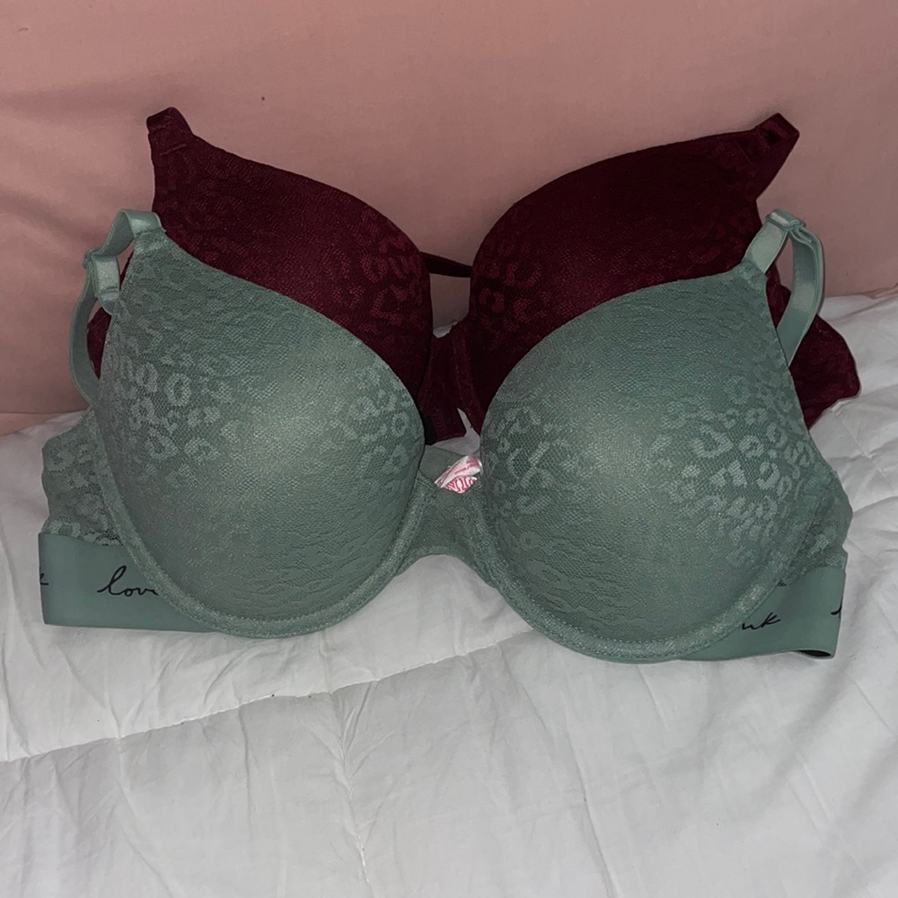 2 PINK Push-up Bras, 36C, Green leopard print lace, Burgundy leopard print lace